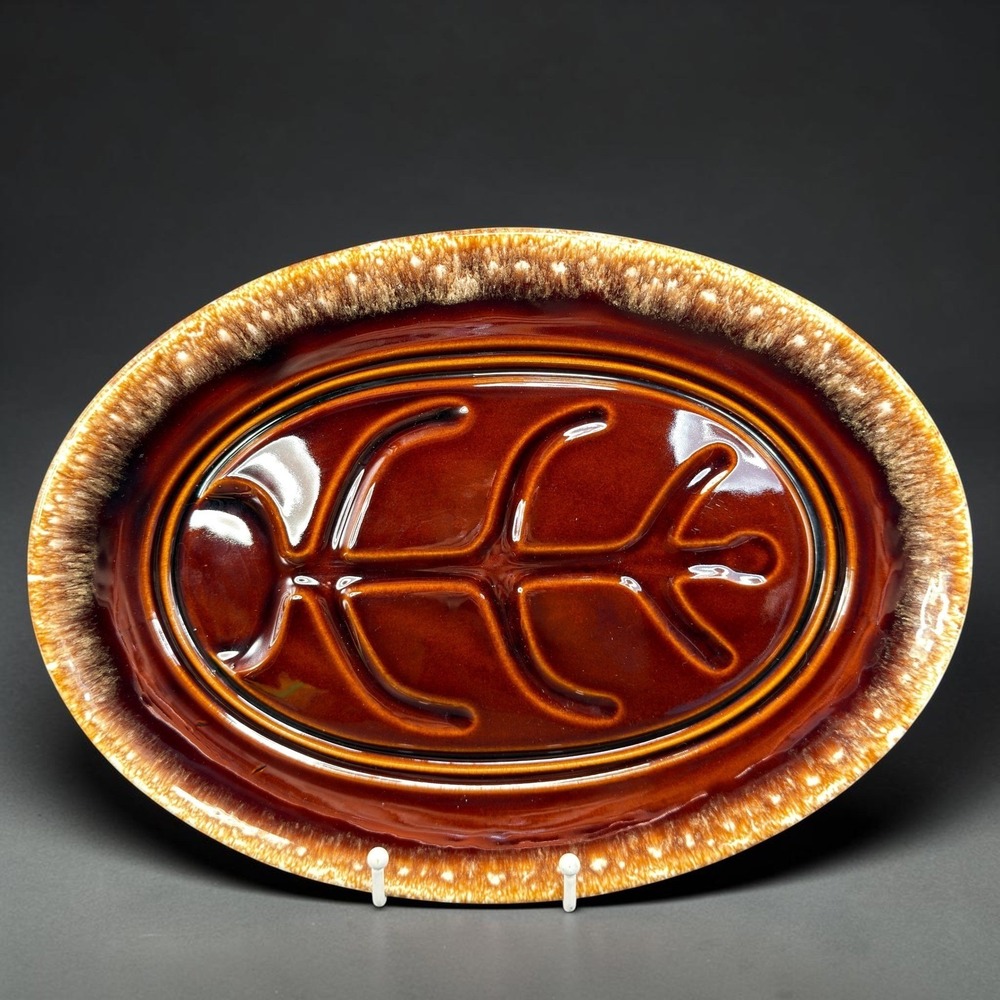Hull Pottery Mirror Brown Drip Glaze Meat Platter Oval Well and Tree 14 Inch USA